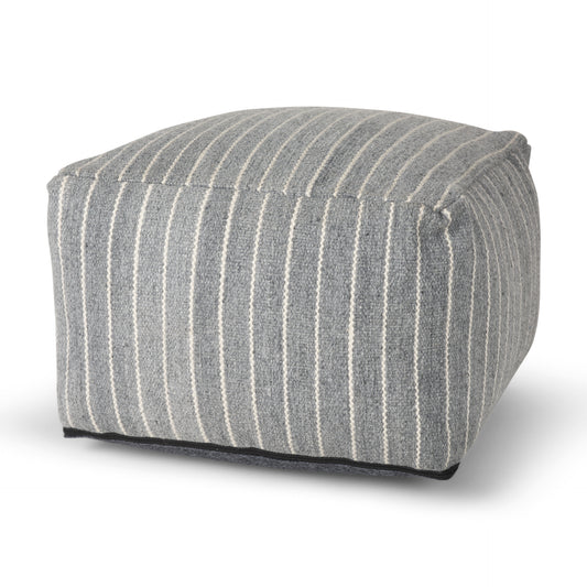 22" Blue and White Textural Stripe Cube Pouf Ottoman