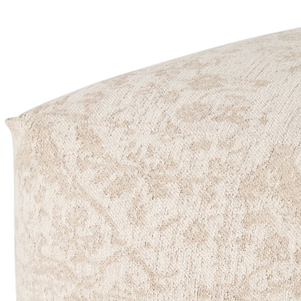 36" Beige and Cream Chenille Damask Pouf Ottoman