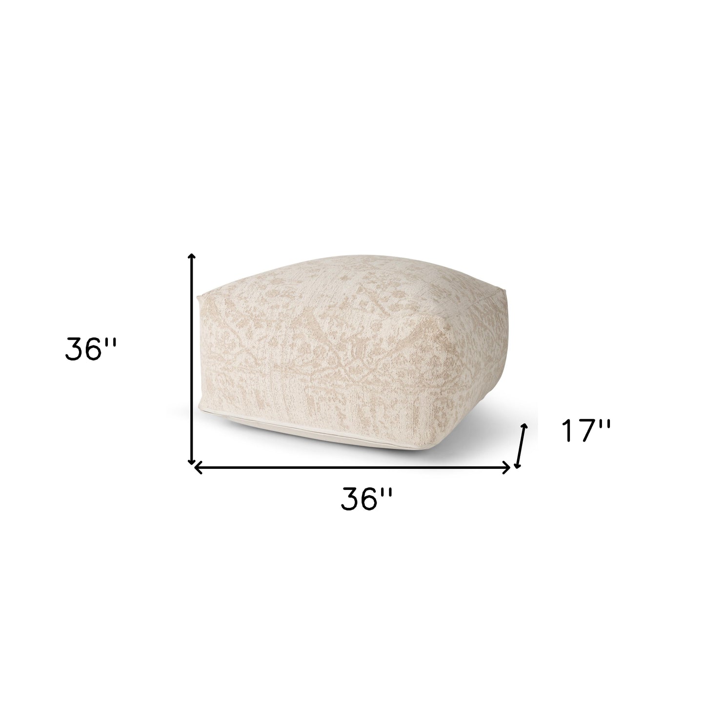 36" Beige and Cream Chenille Damask Pouf Ottoman