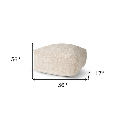 36" Beige and Cream Chenille Damask Pouf Ottoman