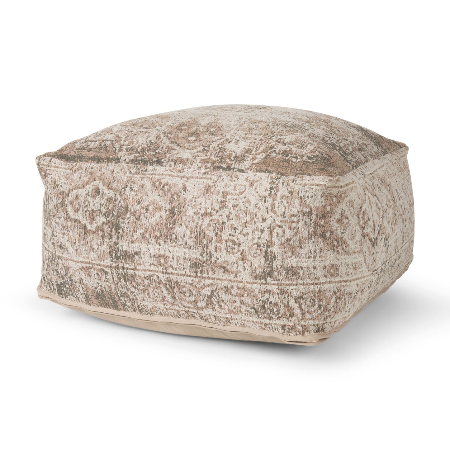 36" Beige and Taupe Chenille Damask Pouf Ottoman