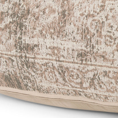 36" Beige and Taupe Chenille Damask Pouf Ottoman