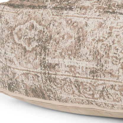 36" Beige and Taupe Chenille Damask Pouf Ottoman