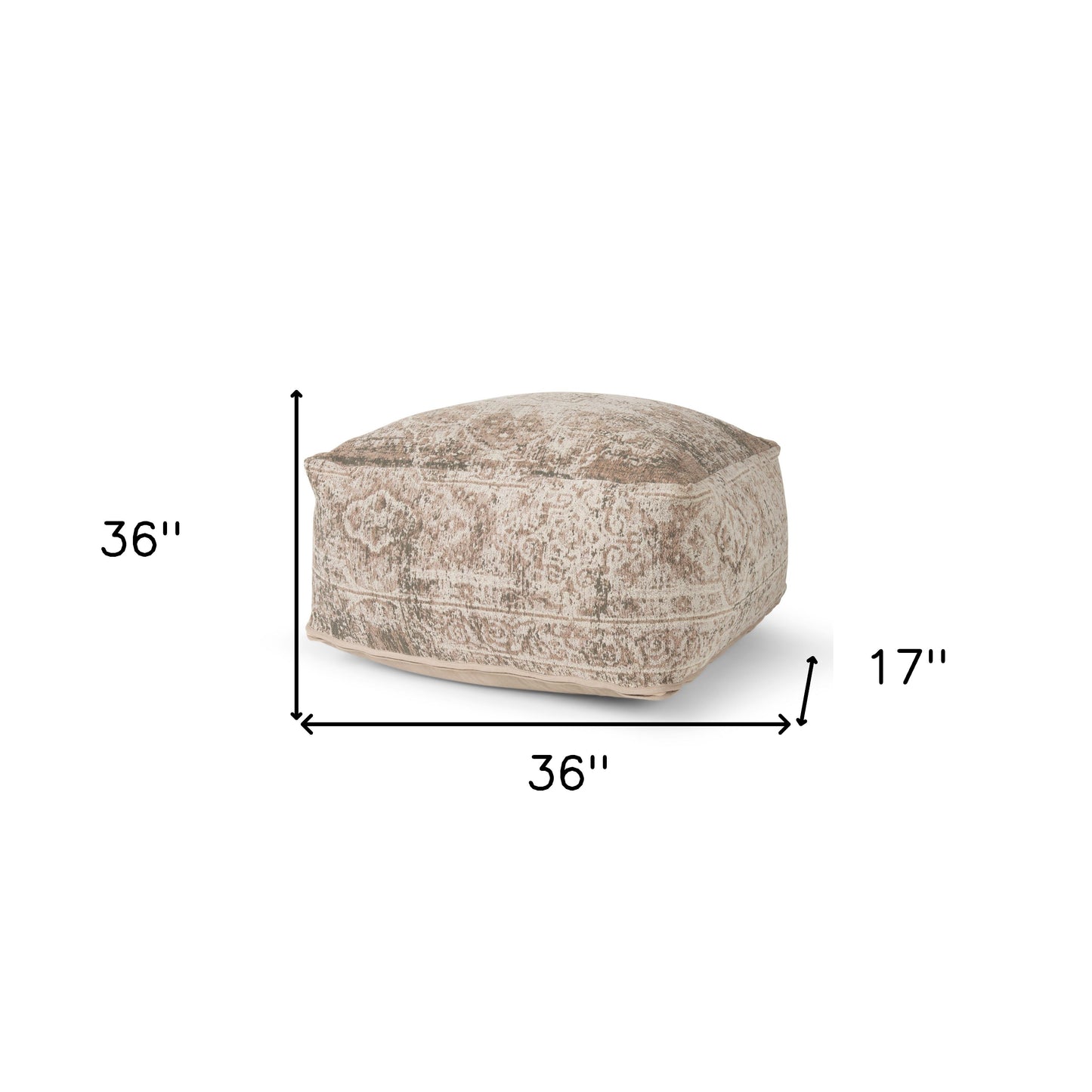 36" Beige and Taupe Chenille Damask Pouf Ottoman