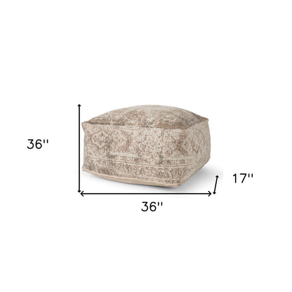 36" Beige and Taupe Chenille Damask Pouf Ottoman