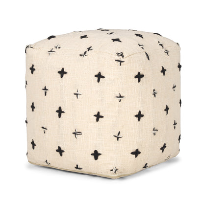 16" Cream And Black Wool Polka Dots Cube Pouf Ottoman