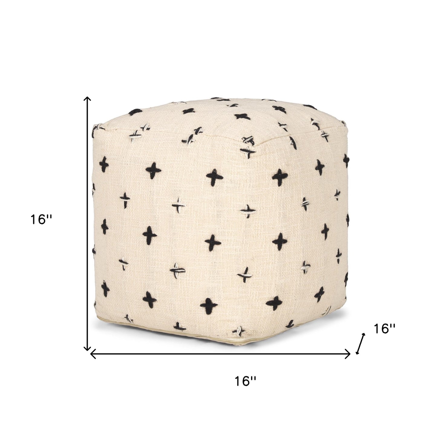 16" Cream And Black Wool Polka Dots Cube Pouf Ottoman