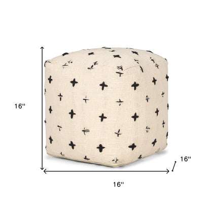 16" Cream And Black Wool Polka Dots Cube Pouf Ottoman