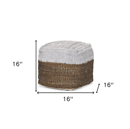 16" White Black And Natural Cotton And Jute Color Block Cube Pouf Ottoman
