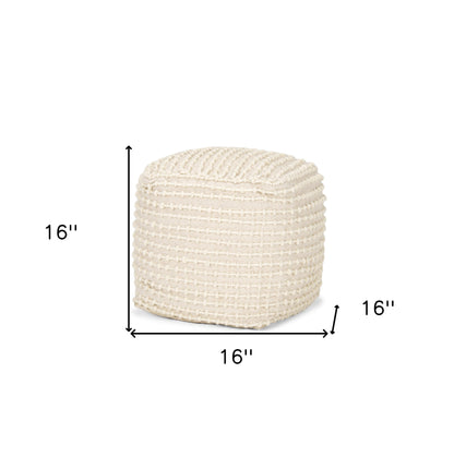16" Beige and Cream Wool Striped Cube Pouf Ottoman