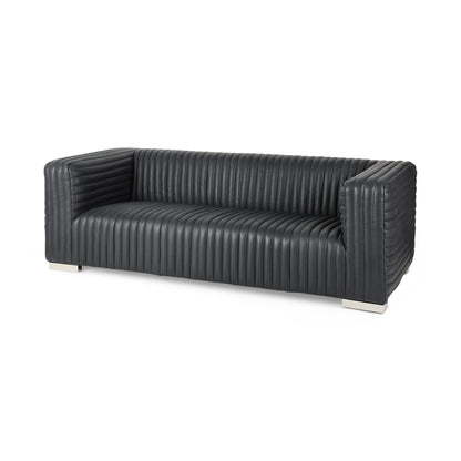 83" Black Leather Sofa With Silver Legs