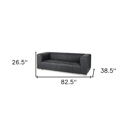 83" Black Leather Sofa With Silver Legs