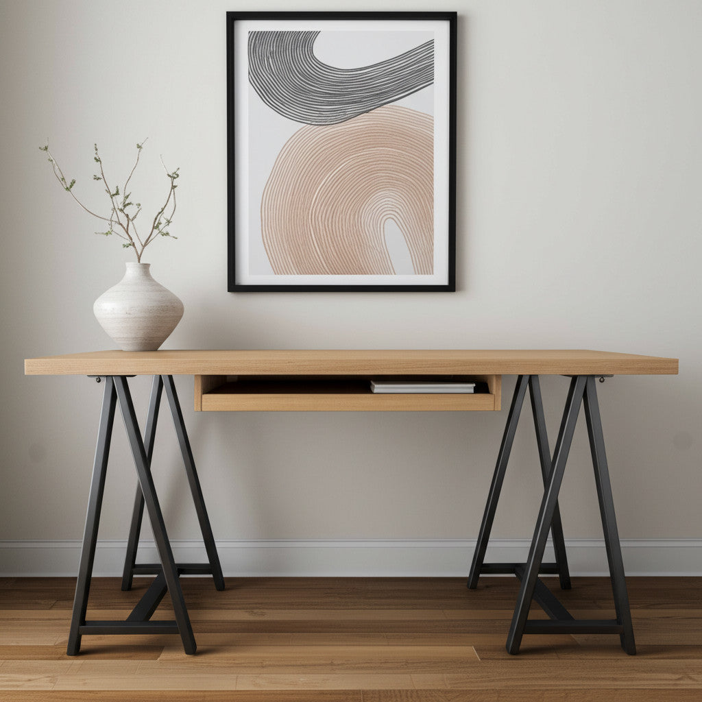 60" Natural and Black Solid Wood and Metal Trestle Executive Desk