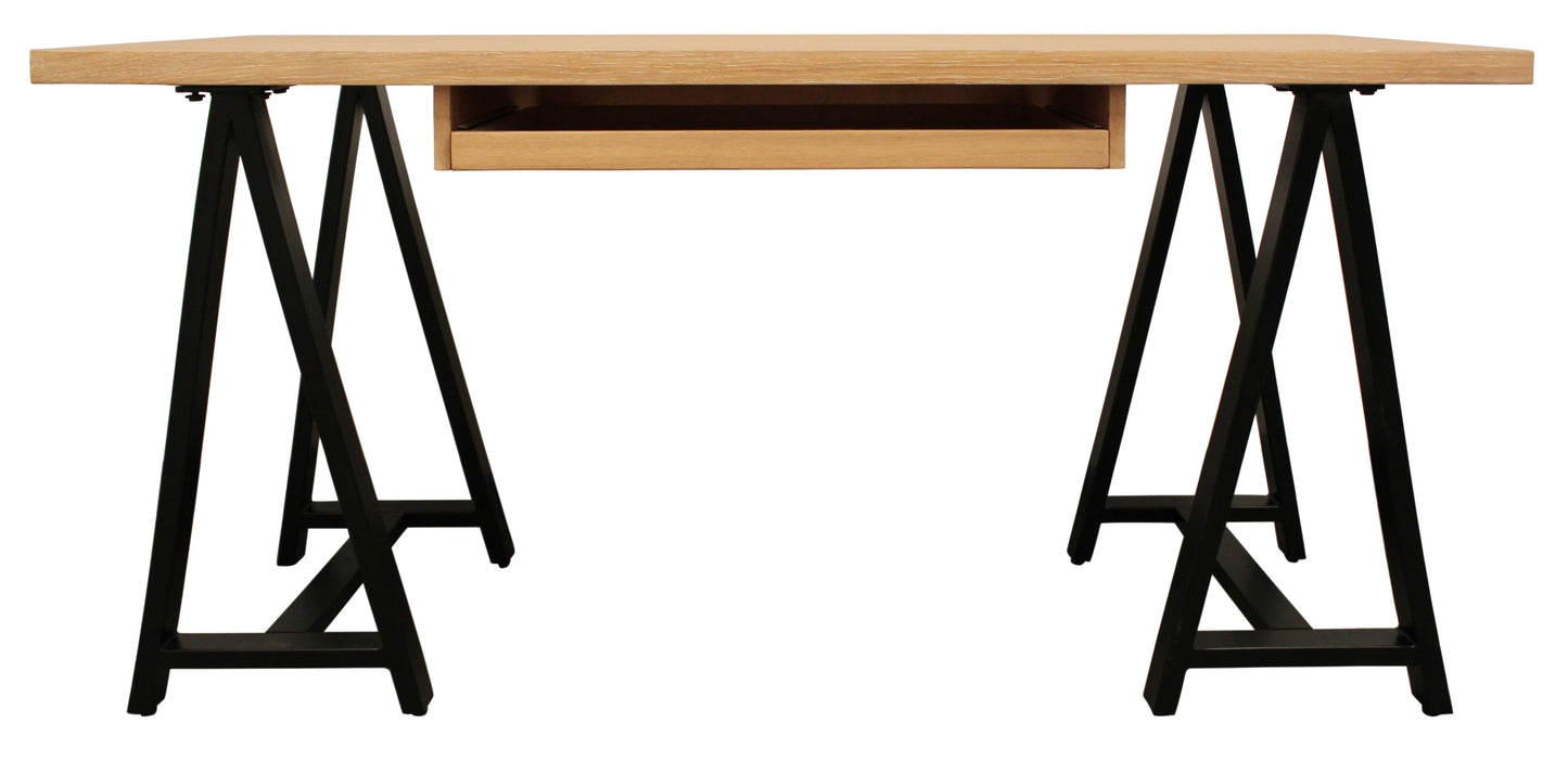 60" Natural and Black Solid Wood and Metal Trestle Executive Desk