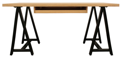 60" Natural and Black Solid Wood and Metal Trestle Executive Desk