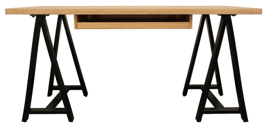 60" Natural and Black Solid Wood and Metal Trestle Executive Desk