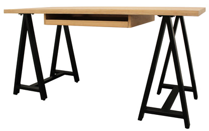 60" Natural and Black Solid Wood and Metal Trestle Executive Desk