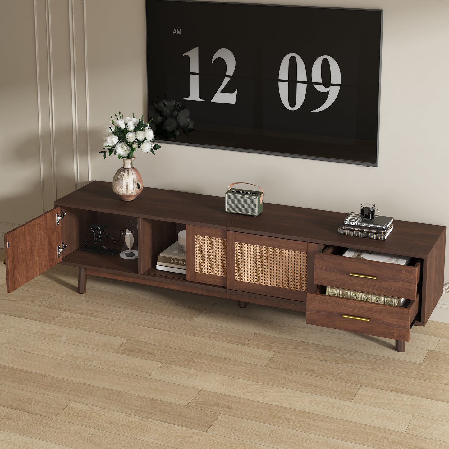 Mid Century Modern TV Stand For 80 TVs, Entertainment Center With Sliding Doors And Drawers, TV Table With Storage For Living Room, Bedroom