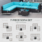 7-Piece Wicker Patio Conversation Set With Cushions & Glass Table, Turquoise