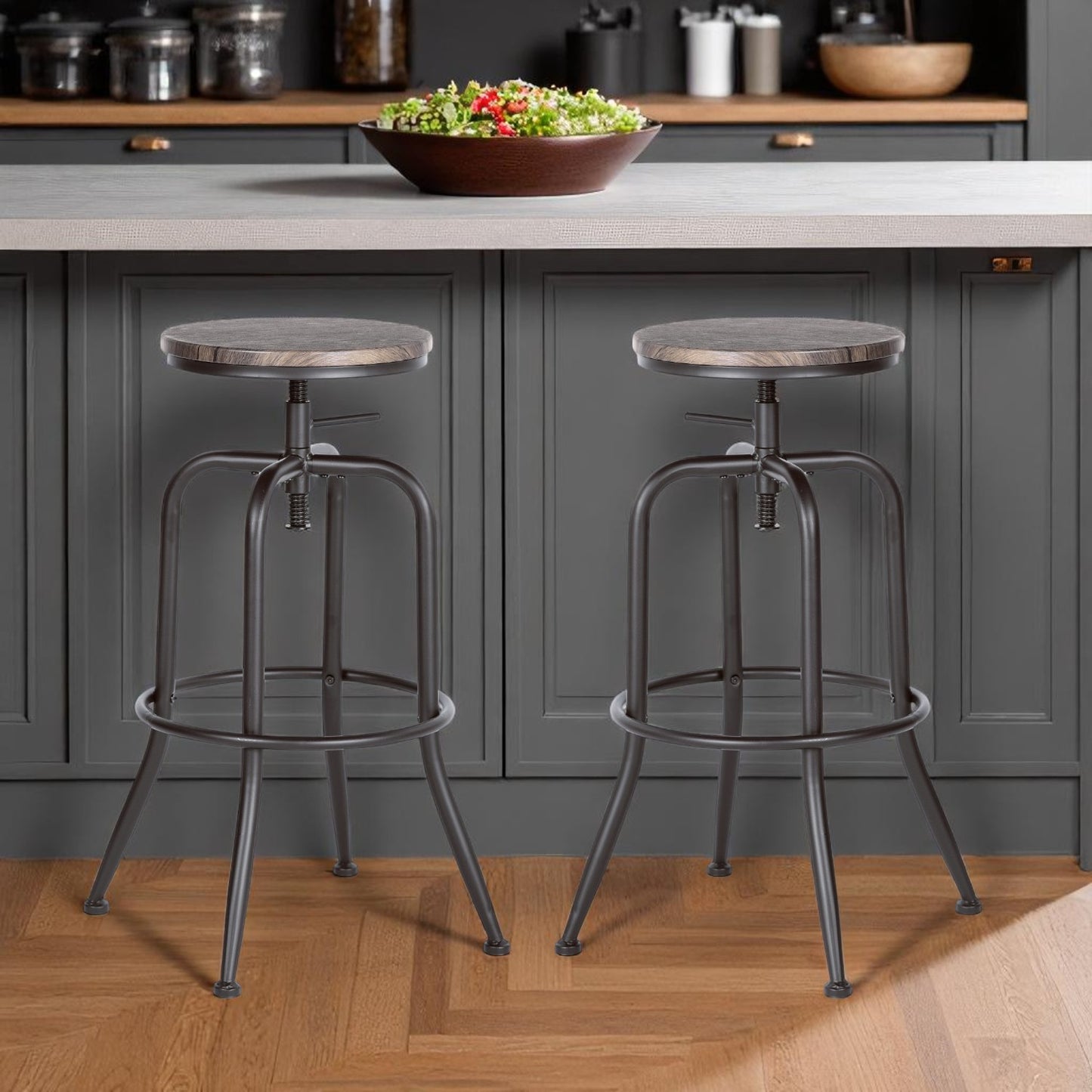 Set of Two Walnut and Black Wood and Iron Backless Adjustable Height Swivel Bar Chairs