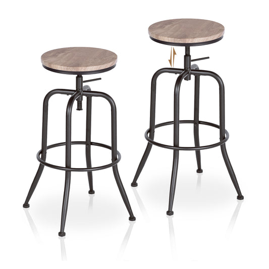 Set of Two Walnut and Black Wood and Iron Backless Adjustable Height Swivel Bar Chairs