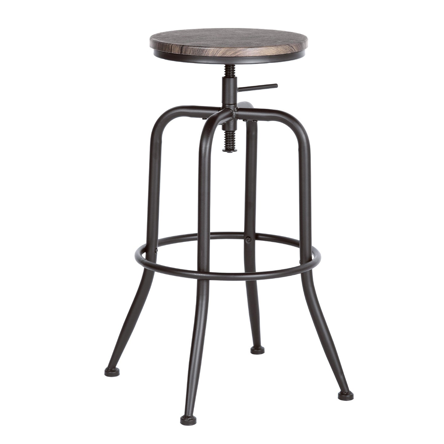 Set of Two Walnut and Black Wood and Iron Backless Adjustable Height Swivel Bar Chairs