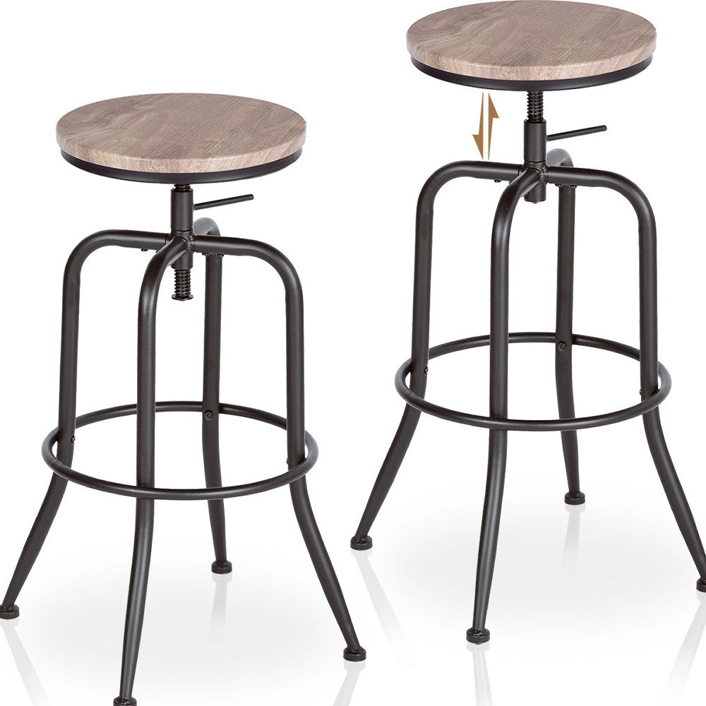 Set of Two Walnut and Black Wood and Iron Backless Adjustable Height Swivel Bar Chairs