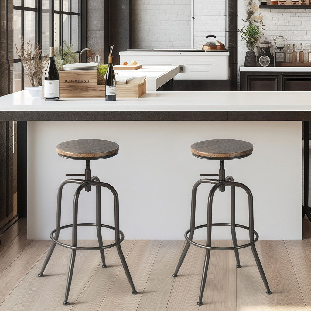 Set of Two Walnut and Black Wood and Iron Backless Adjustable Height Swivel Bar Chairs