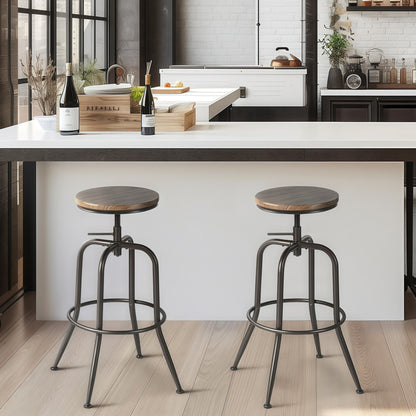 Set of Two Walnut and Black Wood and Iron Backless Adjustable Height Swivel Bar Chairs