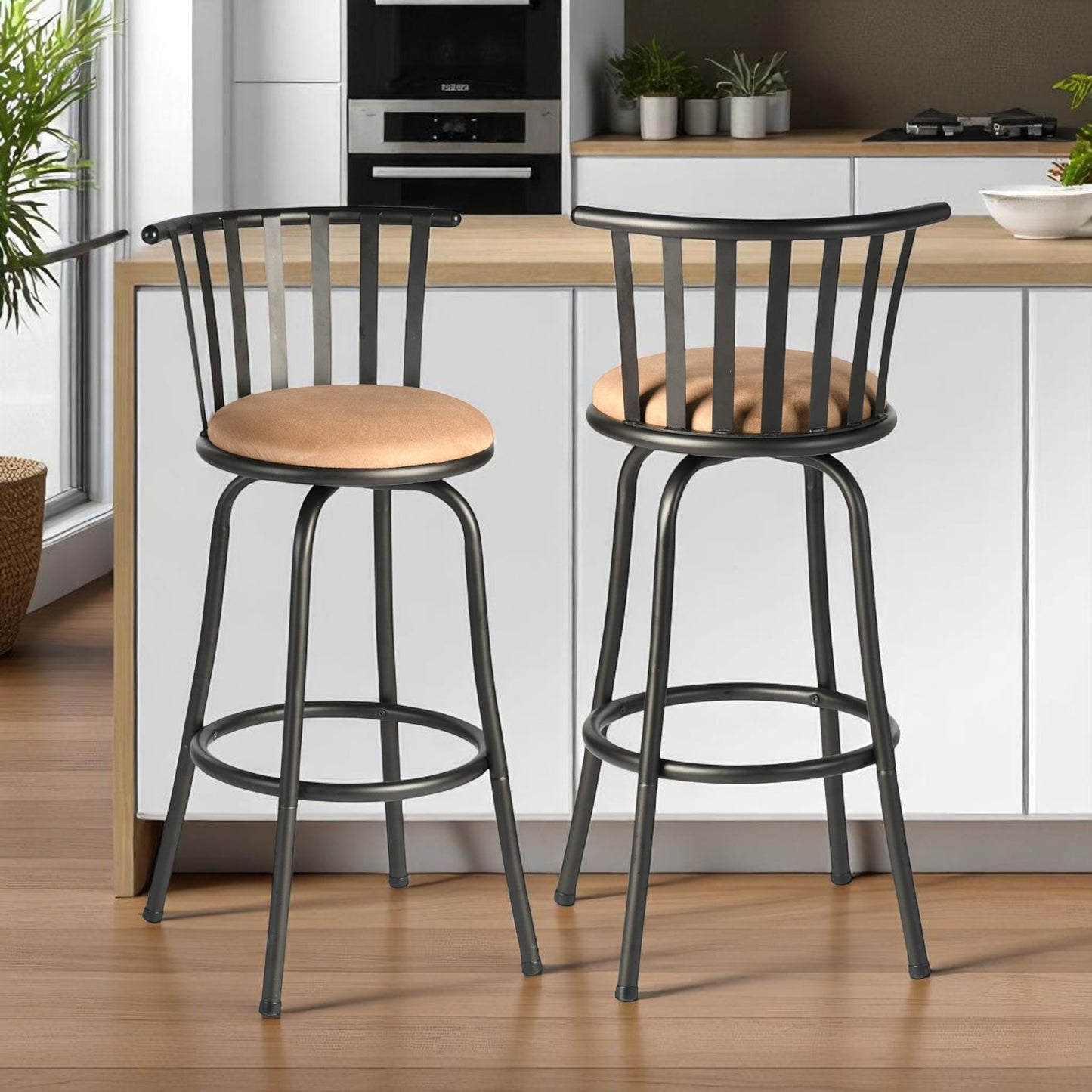 Set of Two Khaki and Black Suede Faux Leather and Iron Low Back Adjustable Height Swivel Bar Chairs