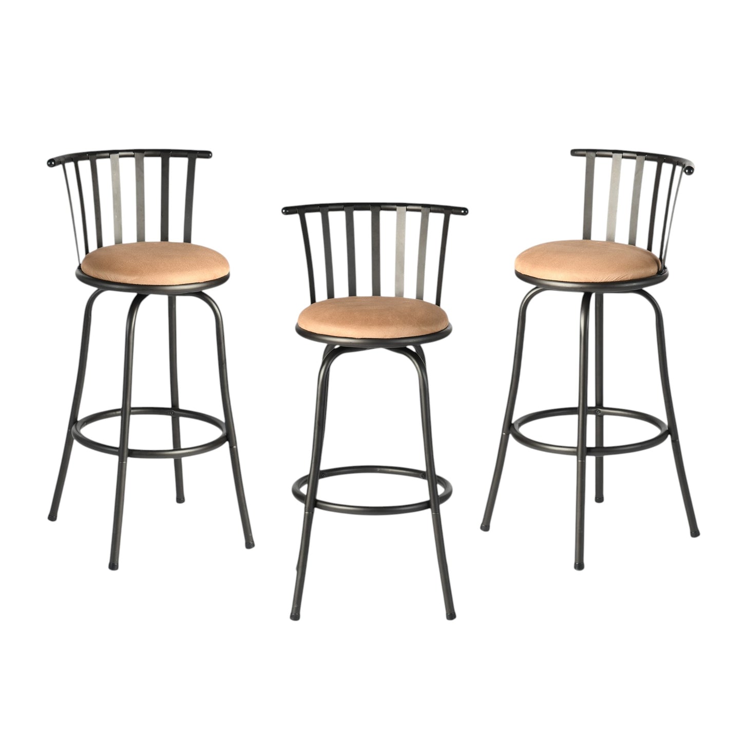 Set of Three Khaki and Black Suede Faux Leather and Iron Low Back Adjustable Height Swivel Bar Chairs
