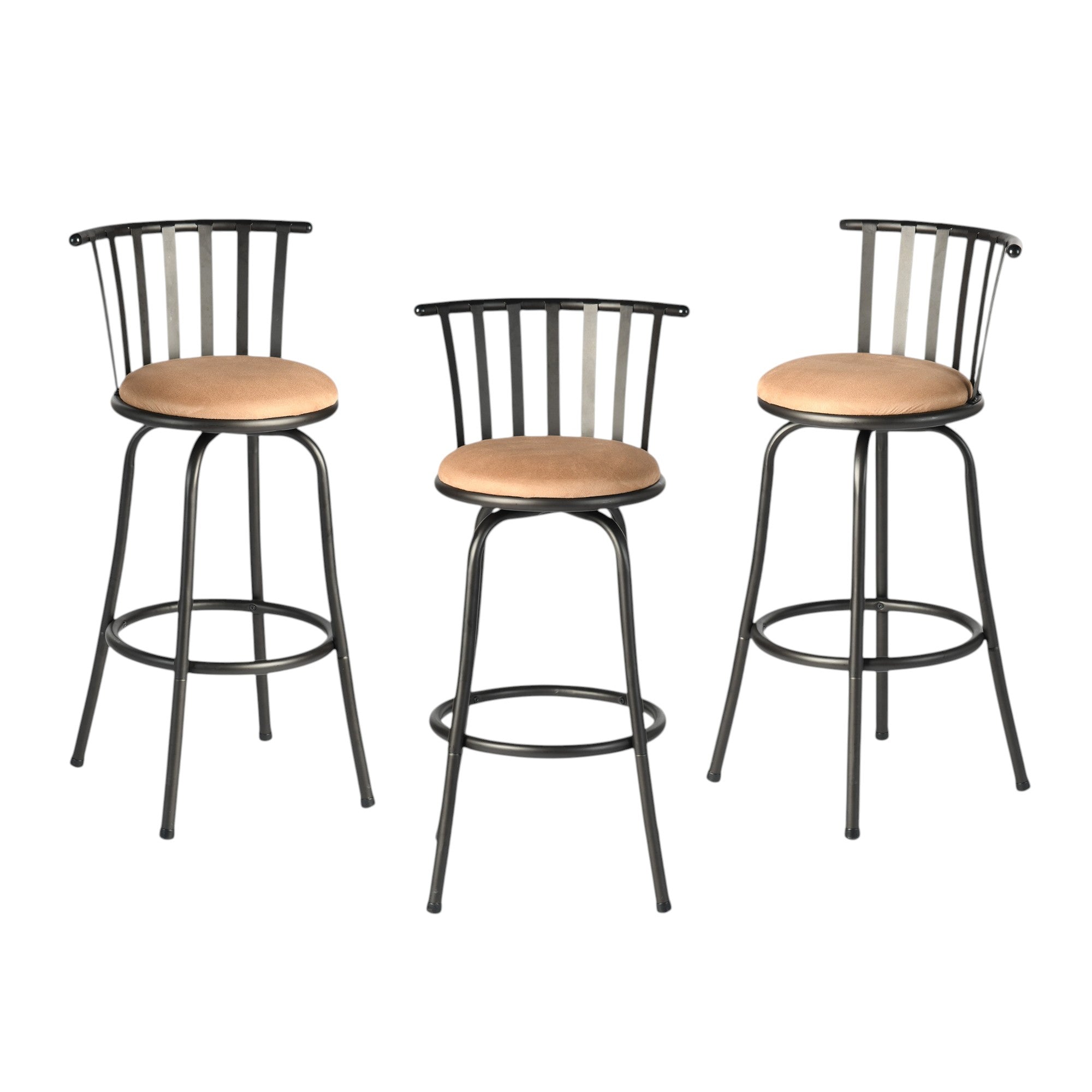 Set of Three Khaki and Black Suede Faux Leather and Iron Low Back Adjustable Height Swivel Bar Chairs