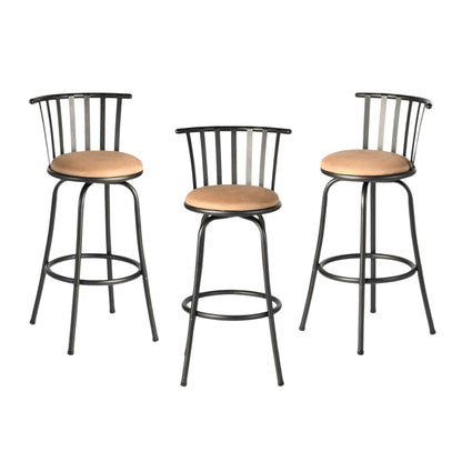 Set of Three Khaki and Black Suede Faux Leather and Iron Low Back Adjustable Height Swivel Bar Chairs