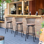 Set of Three Khaki and Black Suede Faux Leather and Iron Low Back Adjustable Height Swivel Bar Chairs