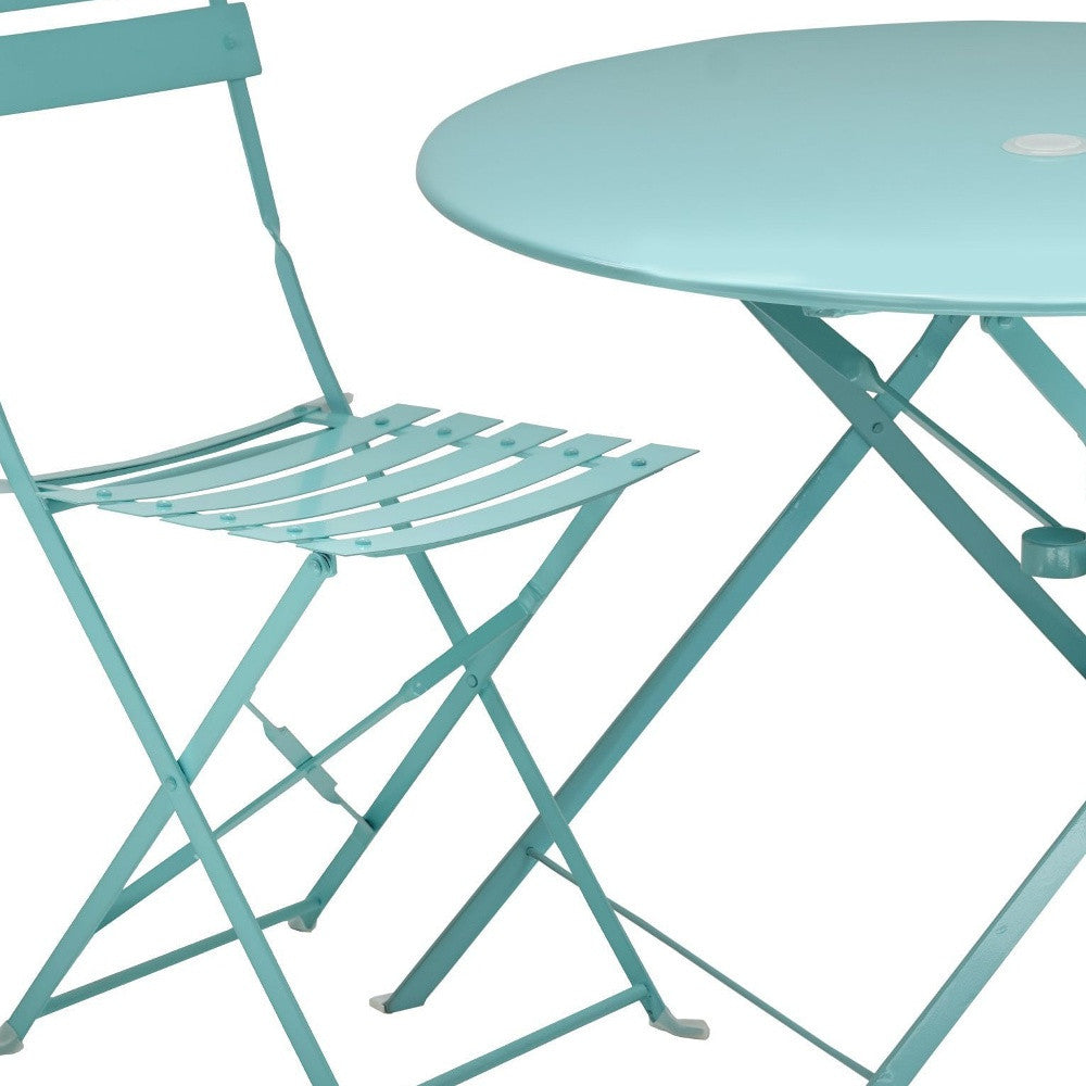 Three Piece Teal Blue Round Metal Dining Set with Two Chairs