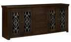 84" Brown Distressed Solid Wood Four Drawer Sideboard With Four Glass Doors