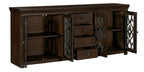 84" Brown Distressed Solid Wood Four Drawer Sideboard With Four Glass Doors