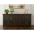 84" Brown Distressed Solid Wood Four Drawer Sideboard With Four Glass Doors