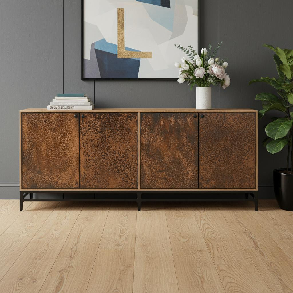 72" Copper Distressed Solid Wood Sideboard with Four Doors