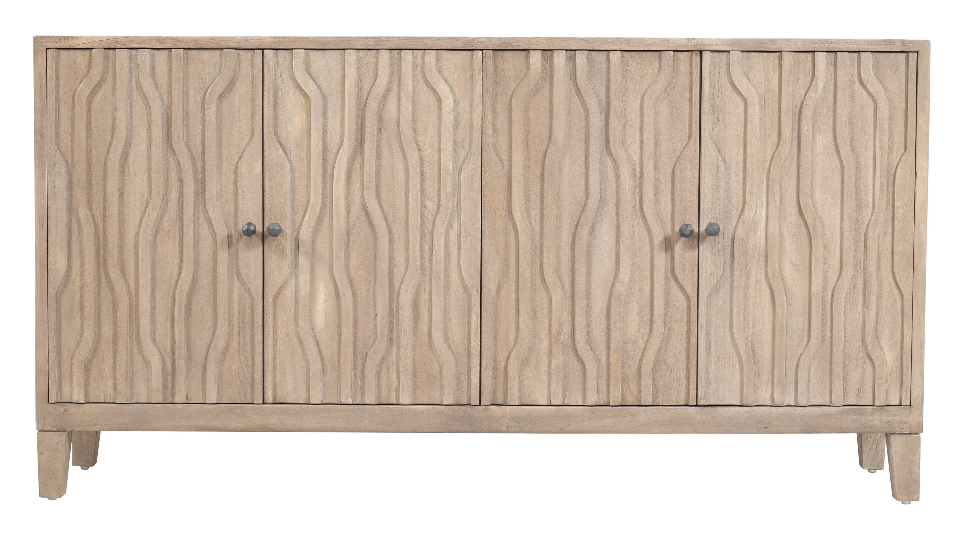 69" Ivory Distressed Reclaimed Wood Carved Geometric Sideboard With Four Doors