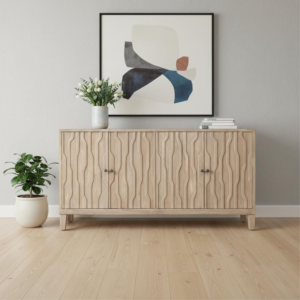 69" Ivory Distressed Reclaimed Wood Carved Geometric Sideboard With Four Doors