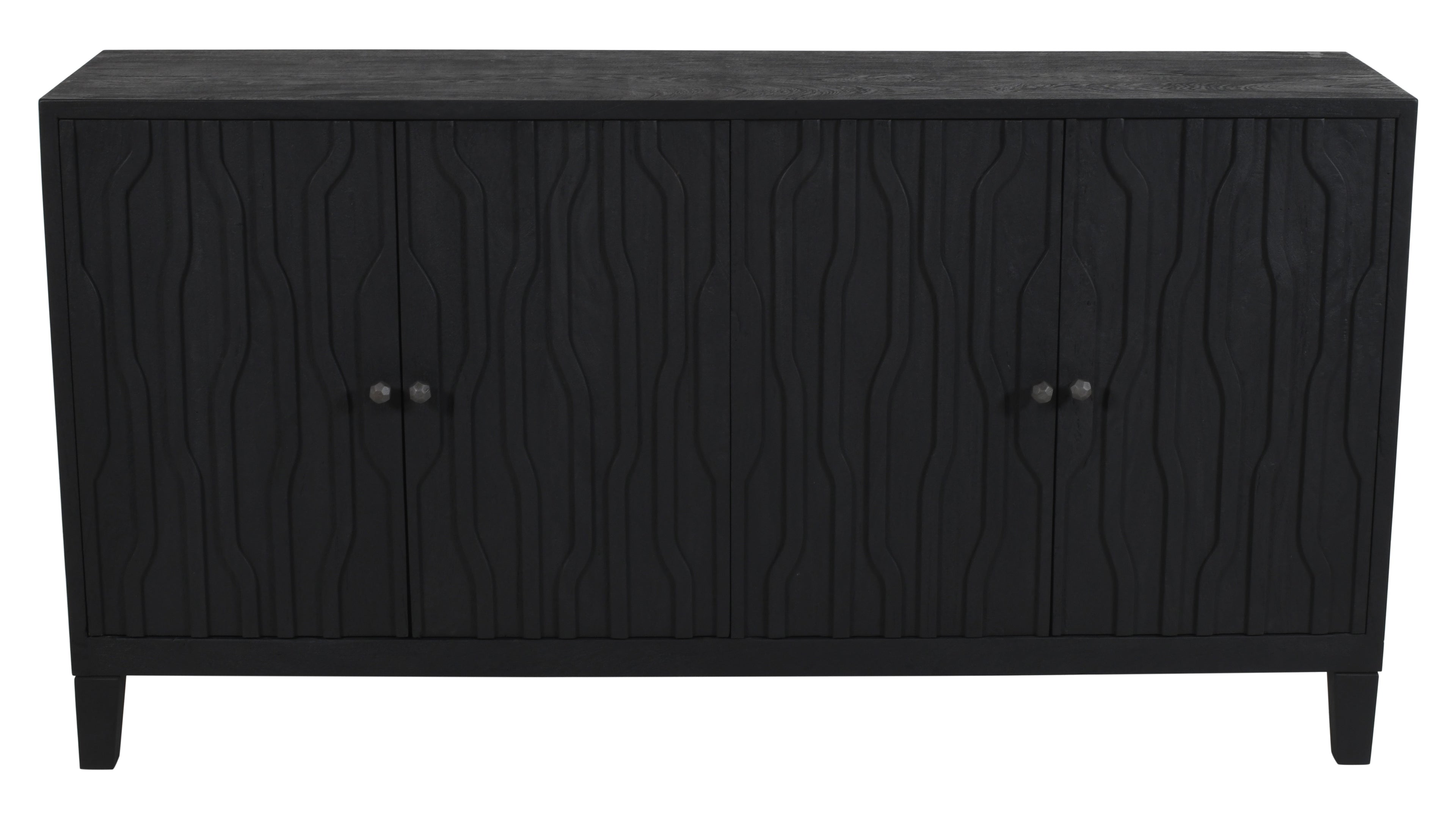 69" Graphite Distressed Reclaimed Wood Carved Geometric Sideboard With Four Doors