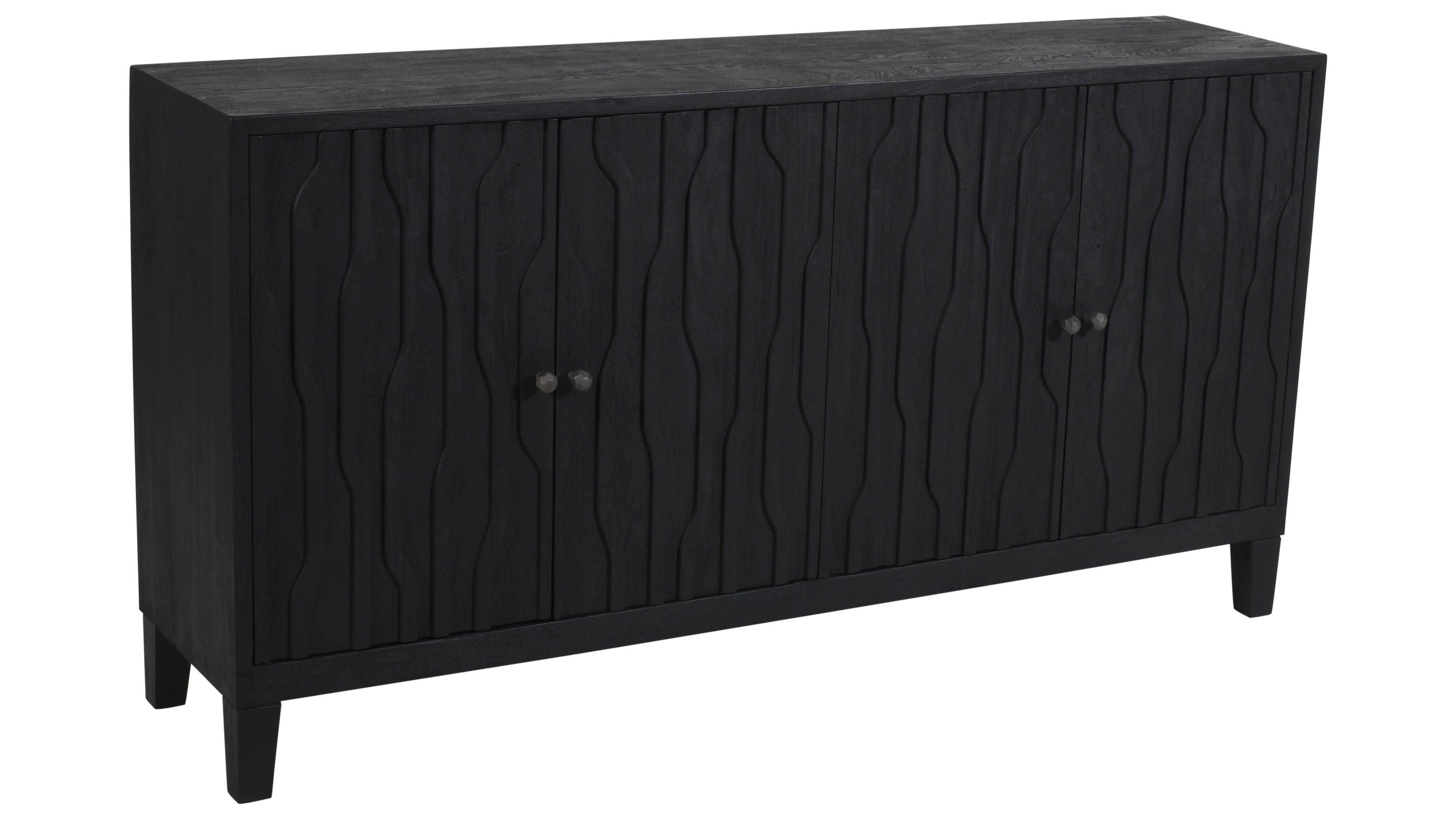 69" Graphite Distressed Reclaimed Wood Carved Geometric Sideboard With Four Doors