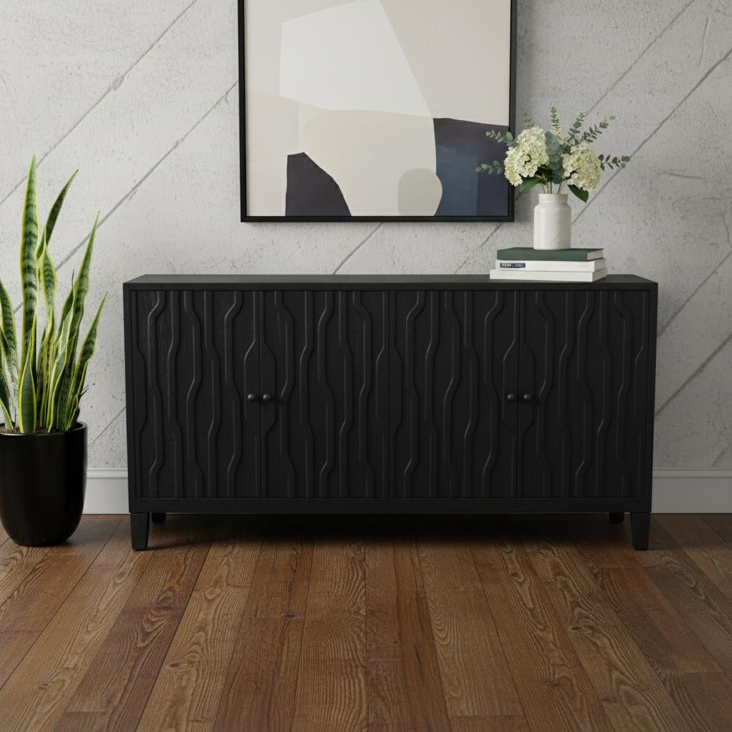 69" Graphite Distressed Reclaimed Wood Carved Geometric Sideboard With Four Doors