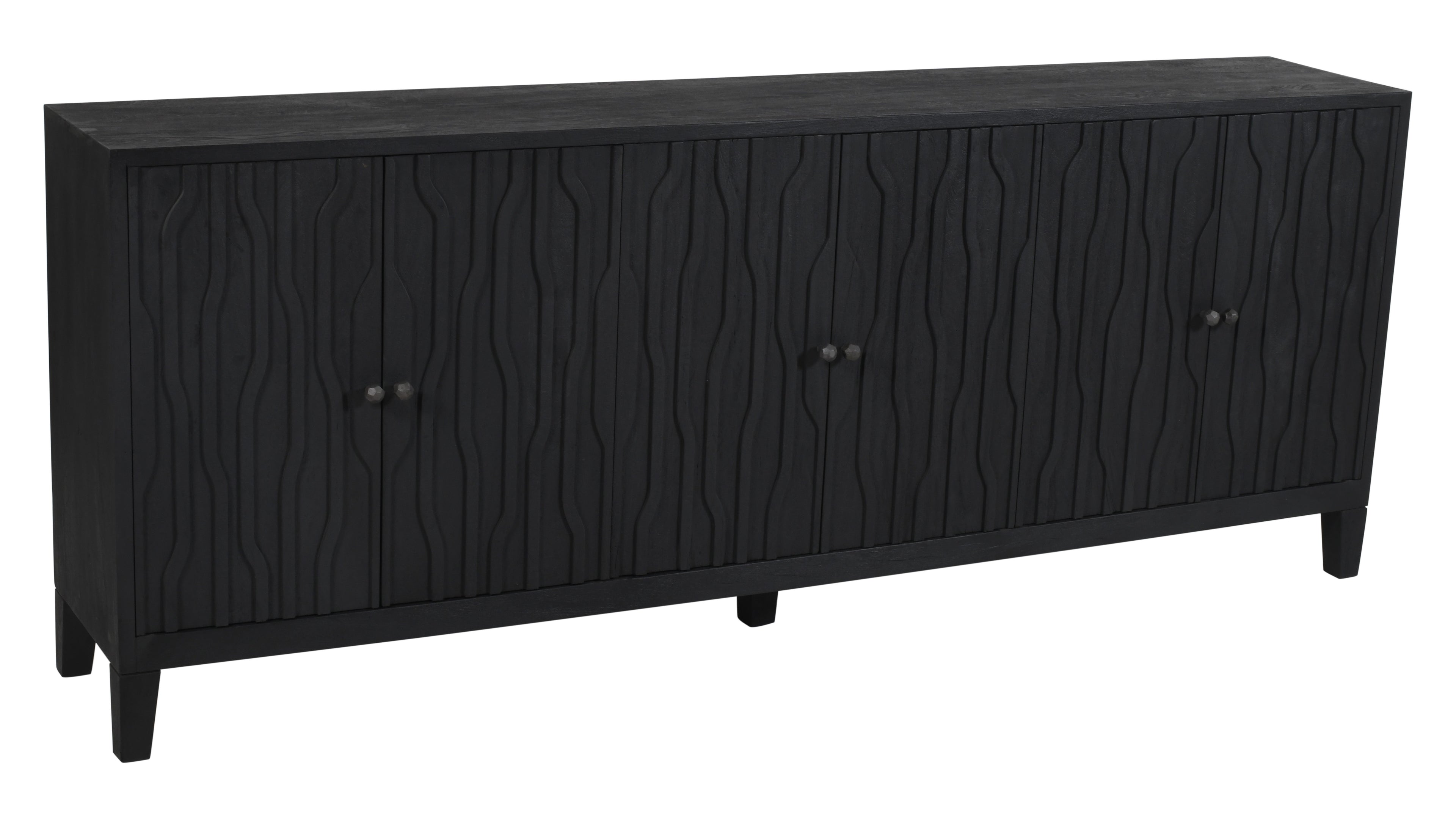92" Graphite Distressed Reclaimed Wood Carved Geometric Sideboard With Six Doors