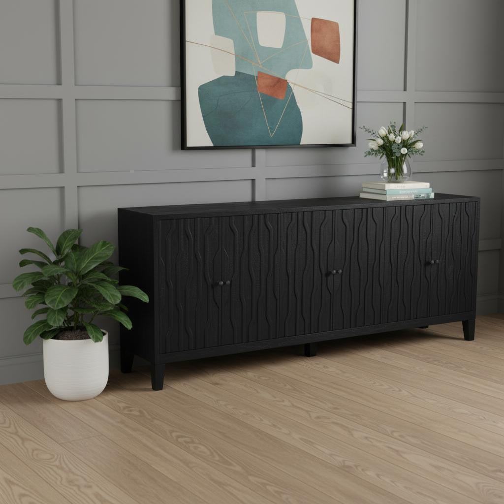 92" Graphite Distressed Reclaimed Wood Carved Geometric Sideboard With Six Doors