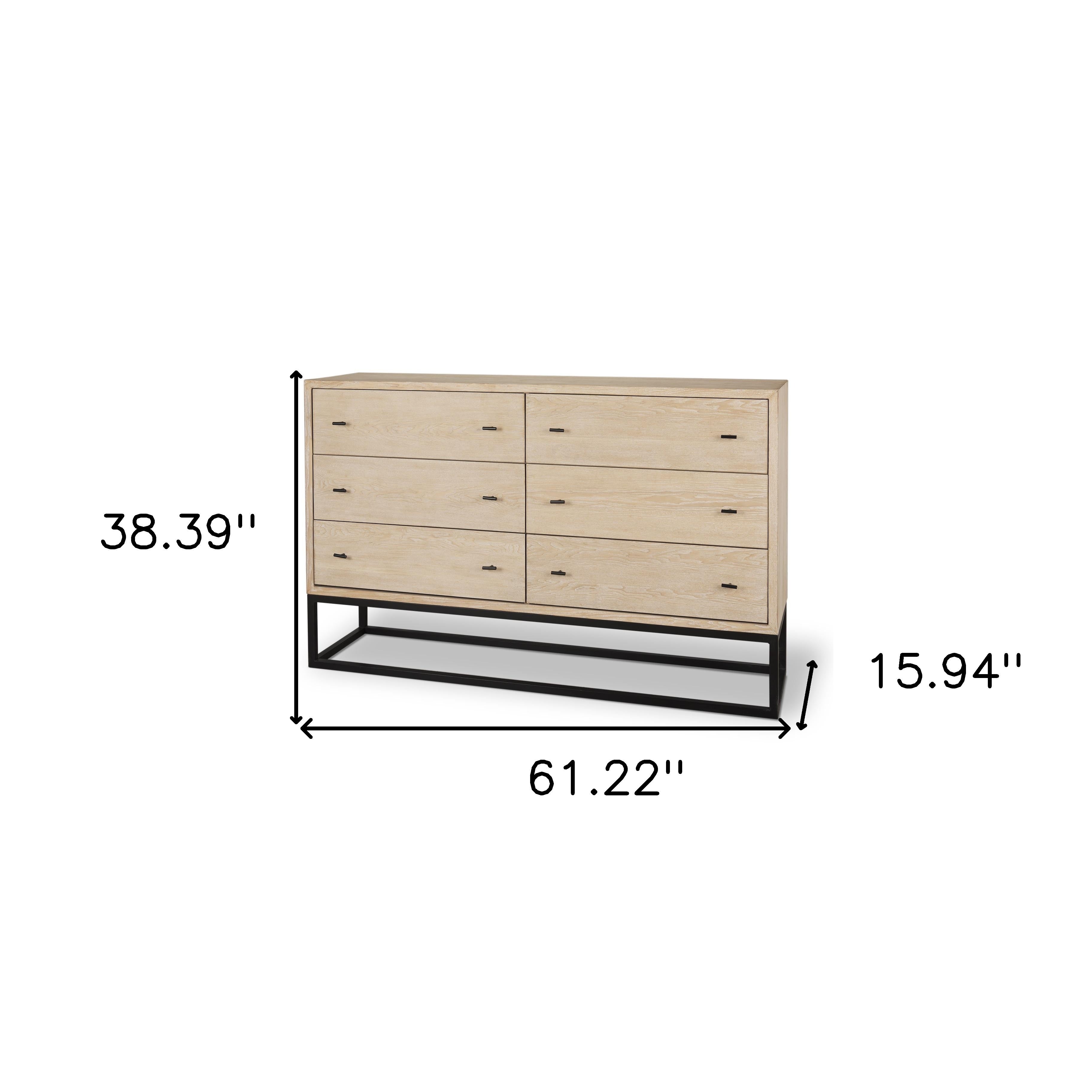 61" Beige Distressed Wood Six Drawer Sideboard