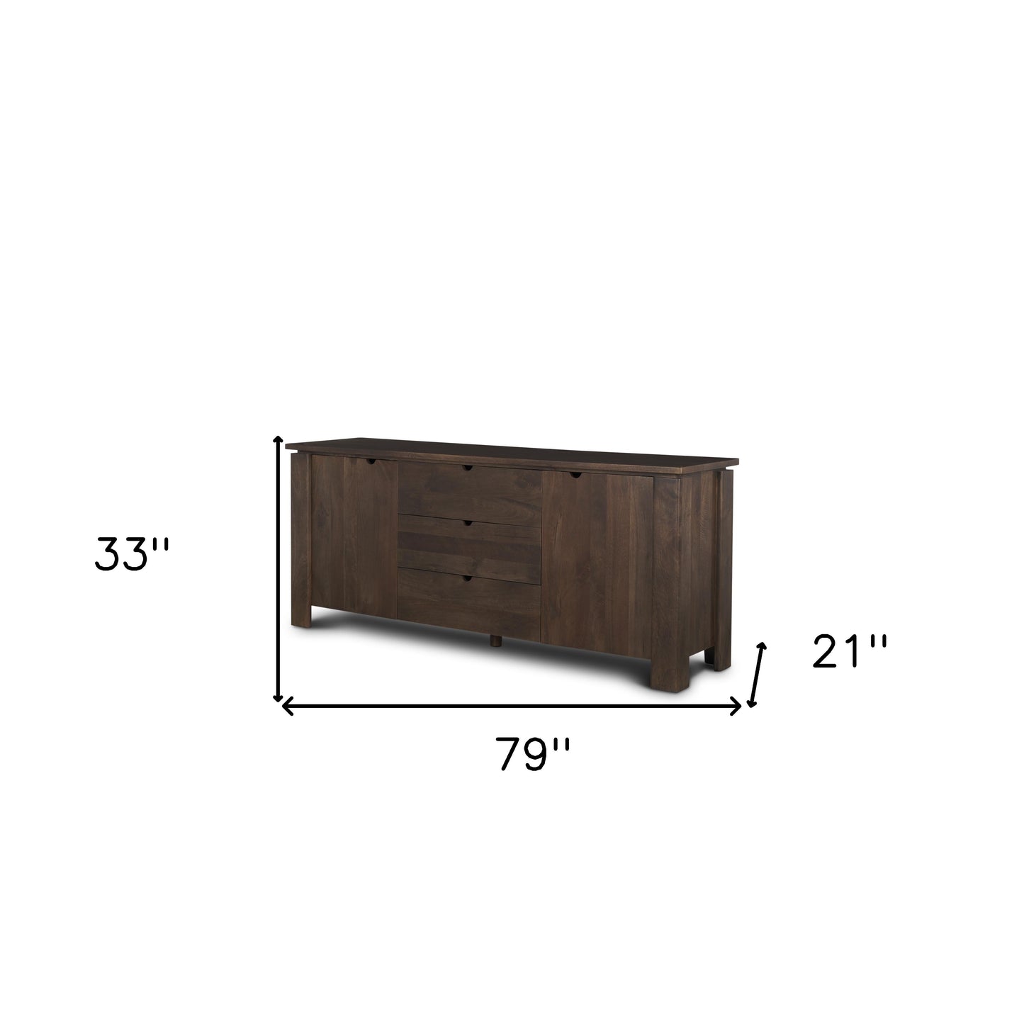 79" Brown Solid Wood Three Drawer Sideboard Soft Close with Two Doors