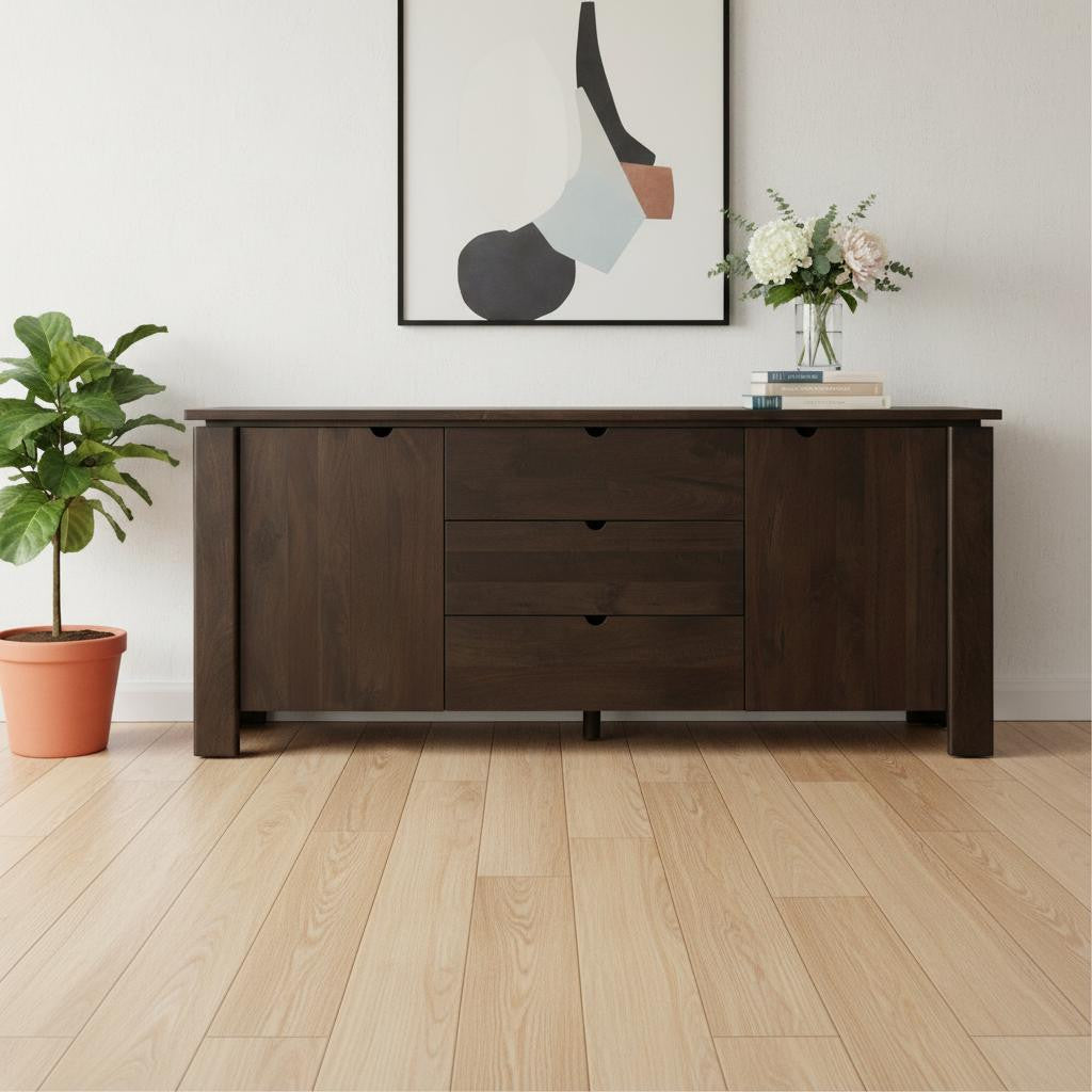 79" Brown Solid Wood Three Drawer Sideboard Soft Close with Two Doors