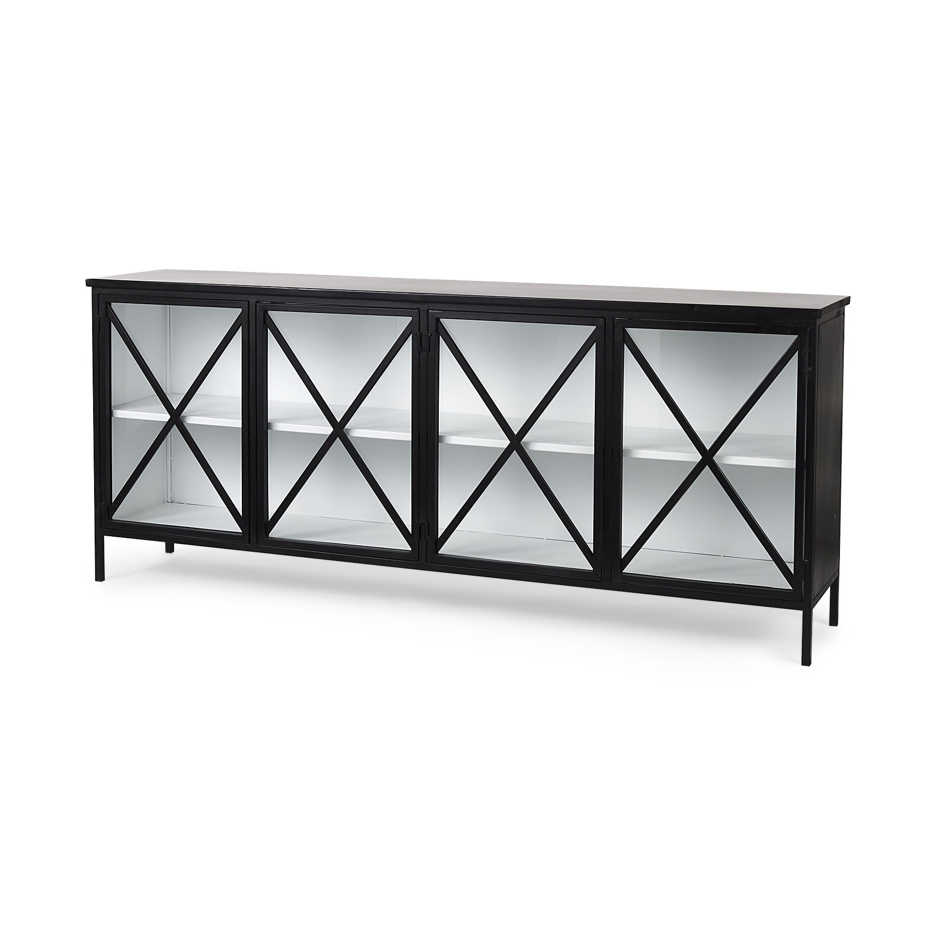 79" Black And White Iron Sideboard Soft Close with Four Glass Doors